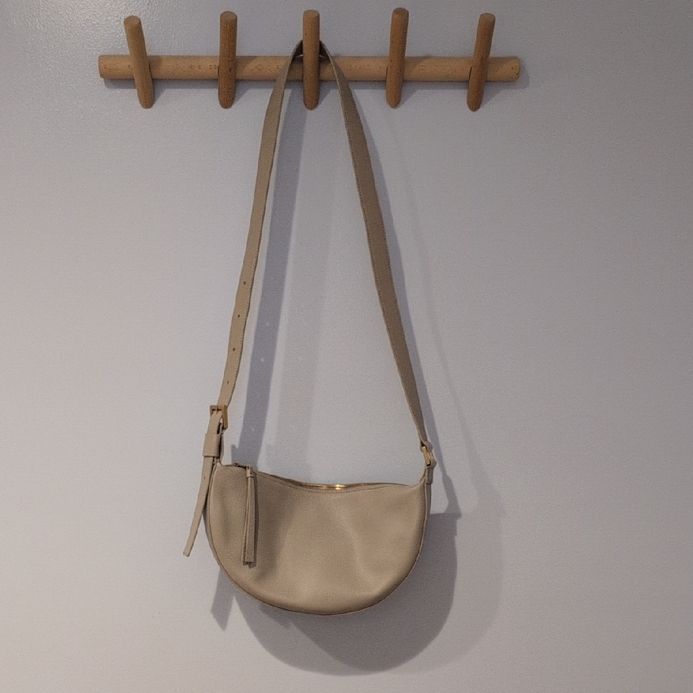Quince Taupe Leather Half Moon Crossbody Bag With Adjustable Strap
